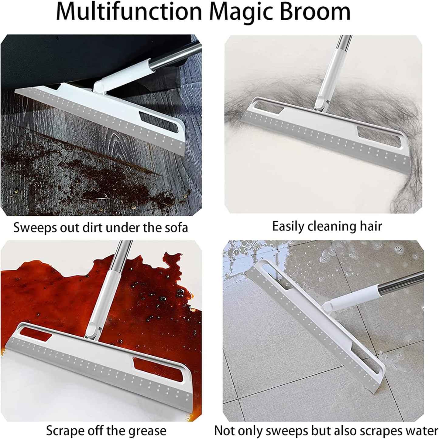 Multifunction Magic Broom, Silicone Floor Squeegee with 56" Long Handle, Rubber Sweeper, Air Broom for Floor Bathroom Kitchen Shower Tile Pet Hair Fur Marble Glass Water Window Foam Cleaning (Grey)