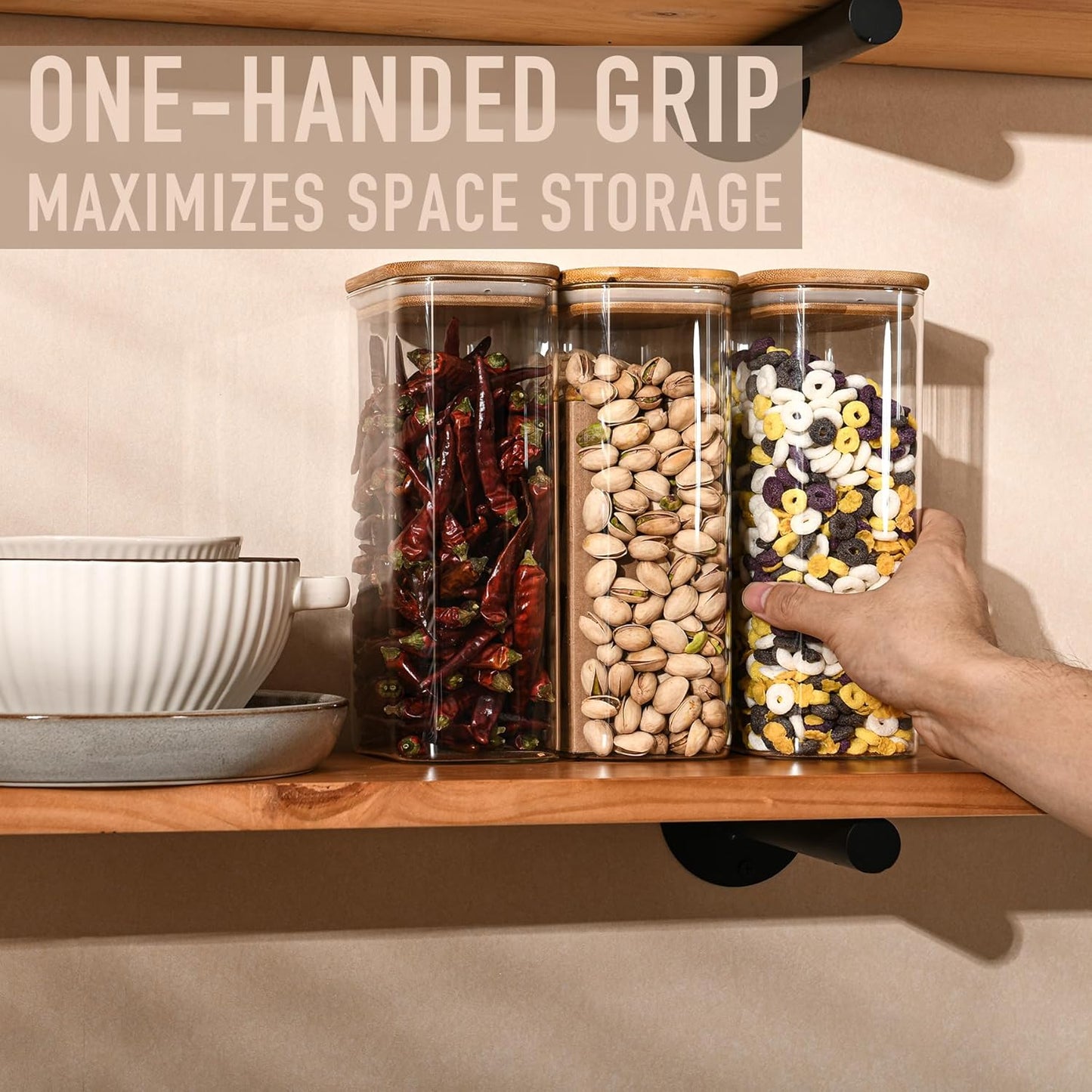 56oz Rectangle Airtight Glass Storage Containers with Bamboo Lids (Set of 4), Square Food Storage Jar, Pantry Organizers for Oats, Cereal, Pasta and Coffee beans (‎with Black Lable)