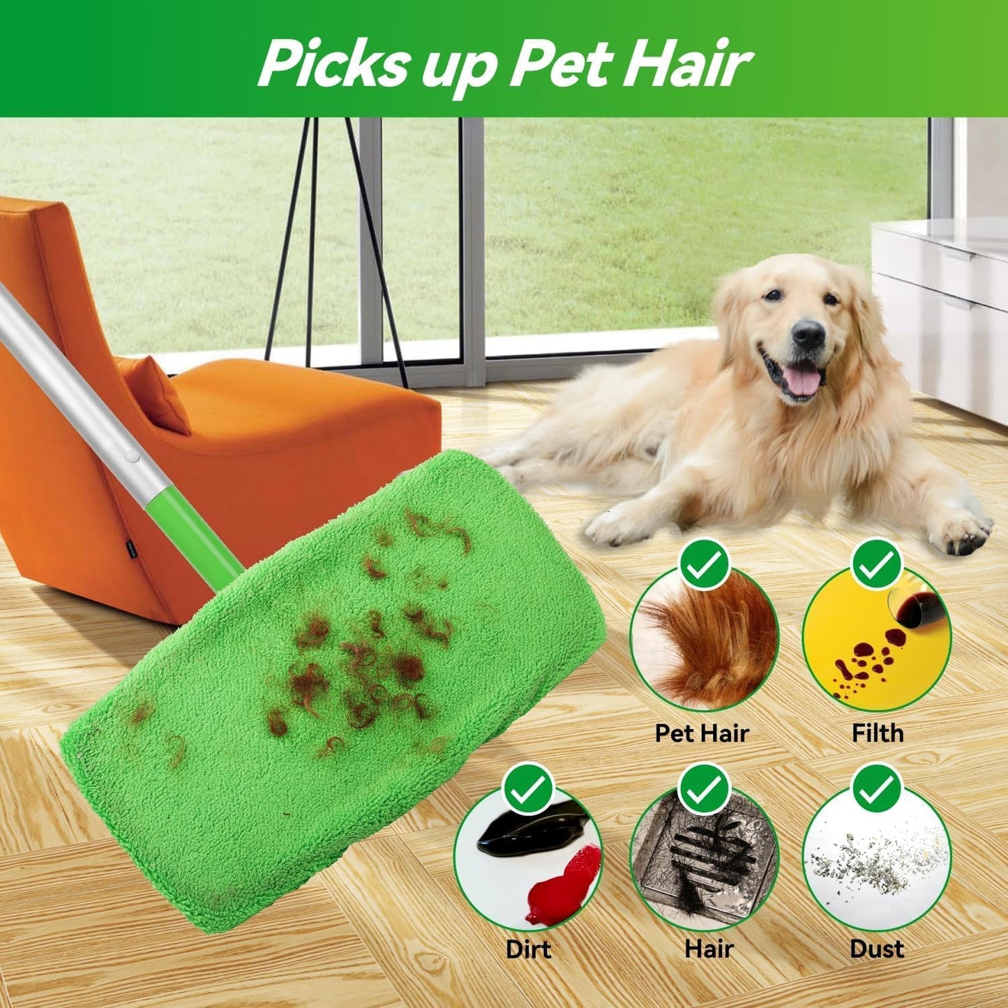 Reusable Microfiber Mop Pads Washable Wet Pads Compatible with Swiffer Sweeper Refills Pads for Wet & Dry Sweeping Cloths Mop Head Replacement for Household Cleaning (Green 6PCS)