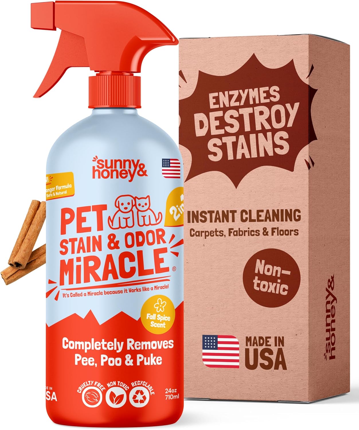 Sunny & Honey Pet Stain Remover & Enzyme Cleaner - 32 Fl Oz, Fall Spice - Carpet Deodorizer & Urine Odor Eliminator for Dog Pee, Cat Urine, Upholstery & Furniture