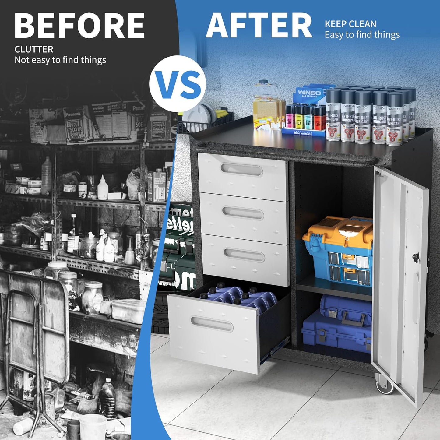 Metal Storage Cabinet with Wheels, Rolling Tool Cabinet with Adjustable Shelve, Locking Garage Storage Cabinet with 4 Drawer and 1 Door for Tools, Assembly Required (Black/Grey)