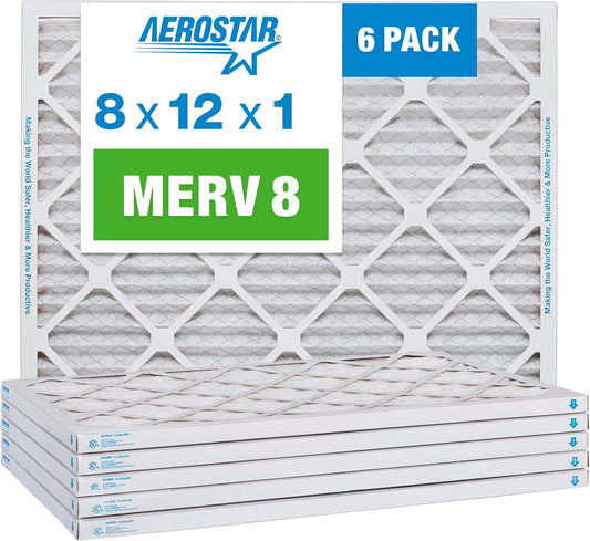 Aerostar 8x12x1 MERV 8 Pleated Air Filter, AC Furnace Air Filter, 6 Pack (Actual Size: 8" x 12" x