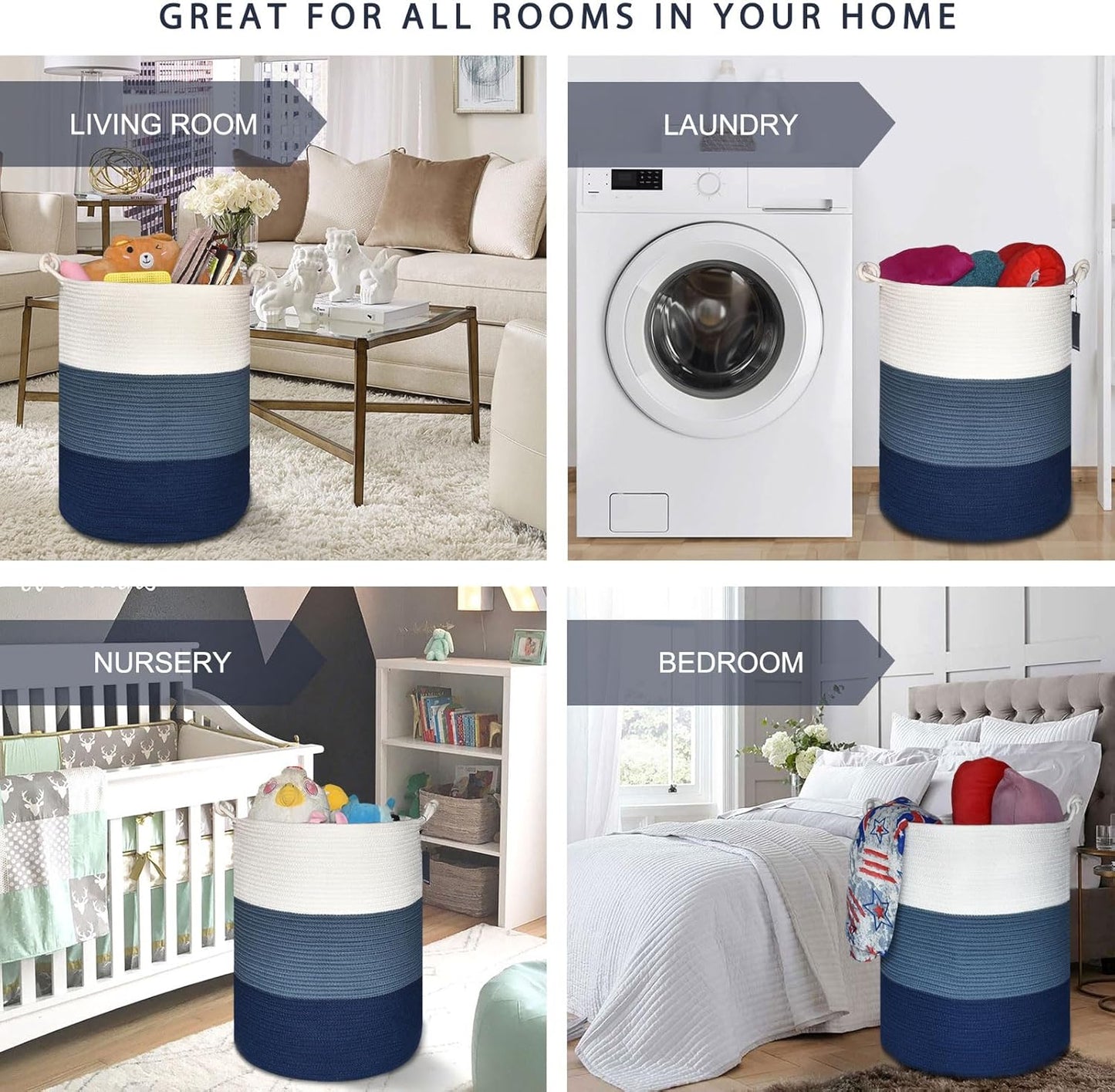 COMSE Extra Large Blanket Basket, Tall Woven Storage Basket, Nursery Hamper, 15.7”x 21.7”, Cotton Rope Laundry Hamper for Toys Clothes Towels, White/Cadet Blue/Navy Blue