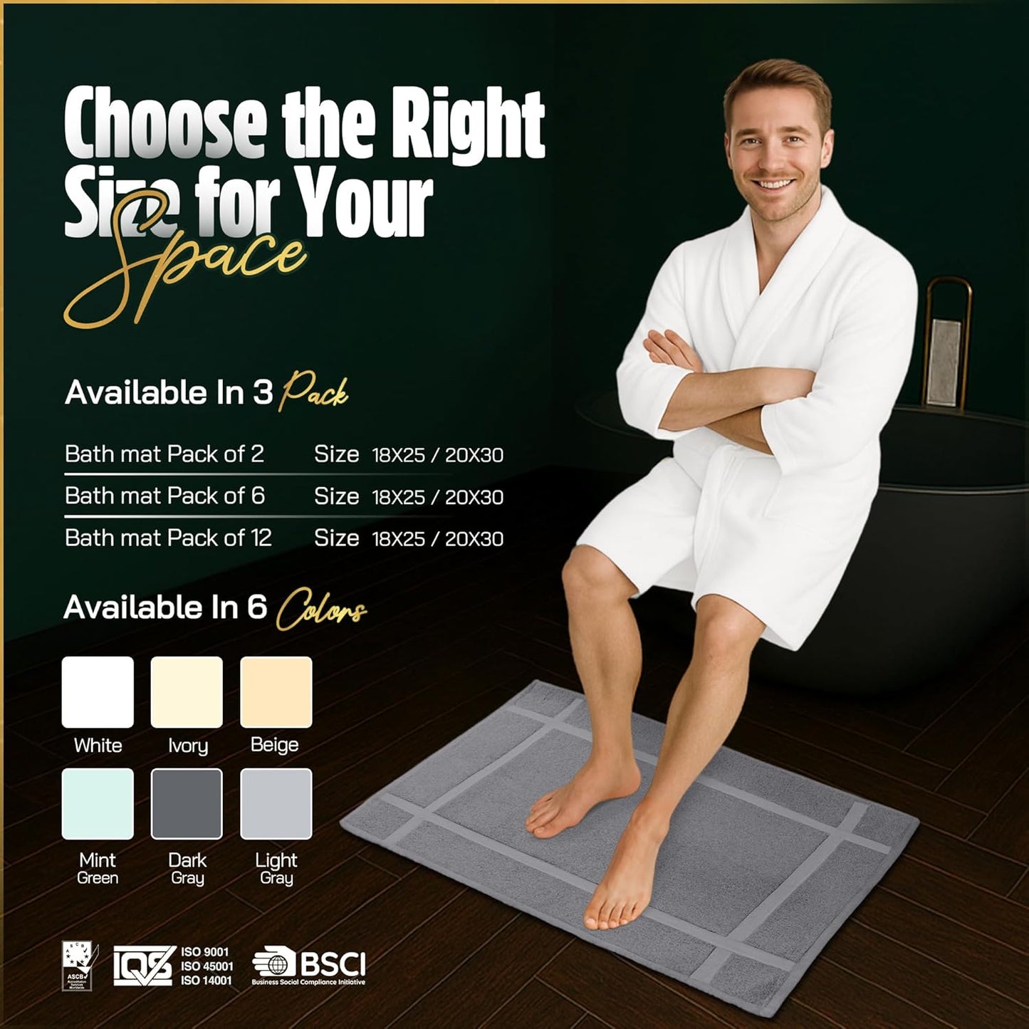 Pearl Linens Pack of 6 100% Cotton Bath Mat 20x30 inches, Soft & Absorbent Quick Dry Bathroom Mat Set, Not Bathroom Rugs, After Shower Mat, Bath Tub Mat, 687 GSM, Machine Washable, Light Gray