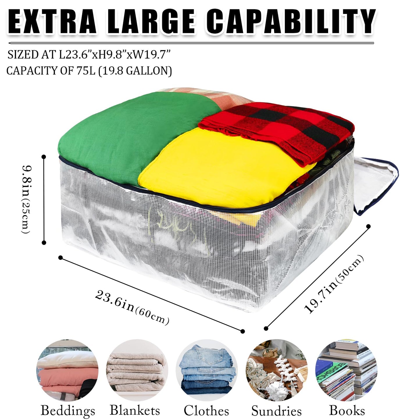 Ineetatu Clear Storage Bags with Zipper, 75L Extra Large Capacity - Closet, Underbed Storage