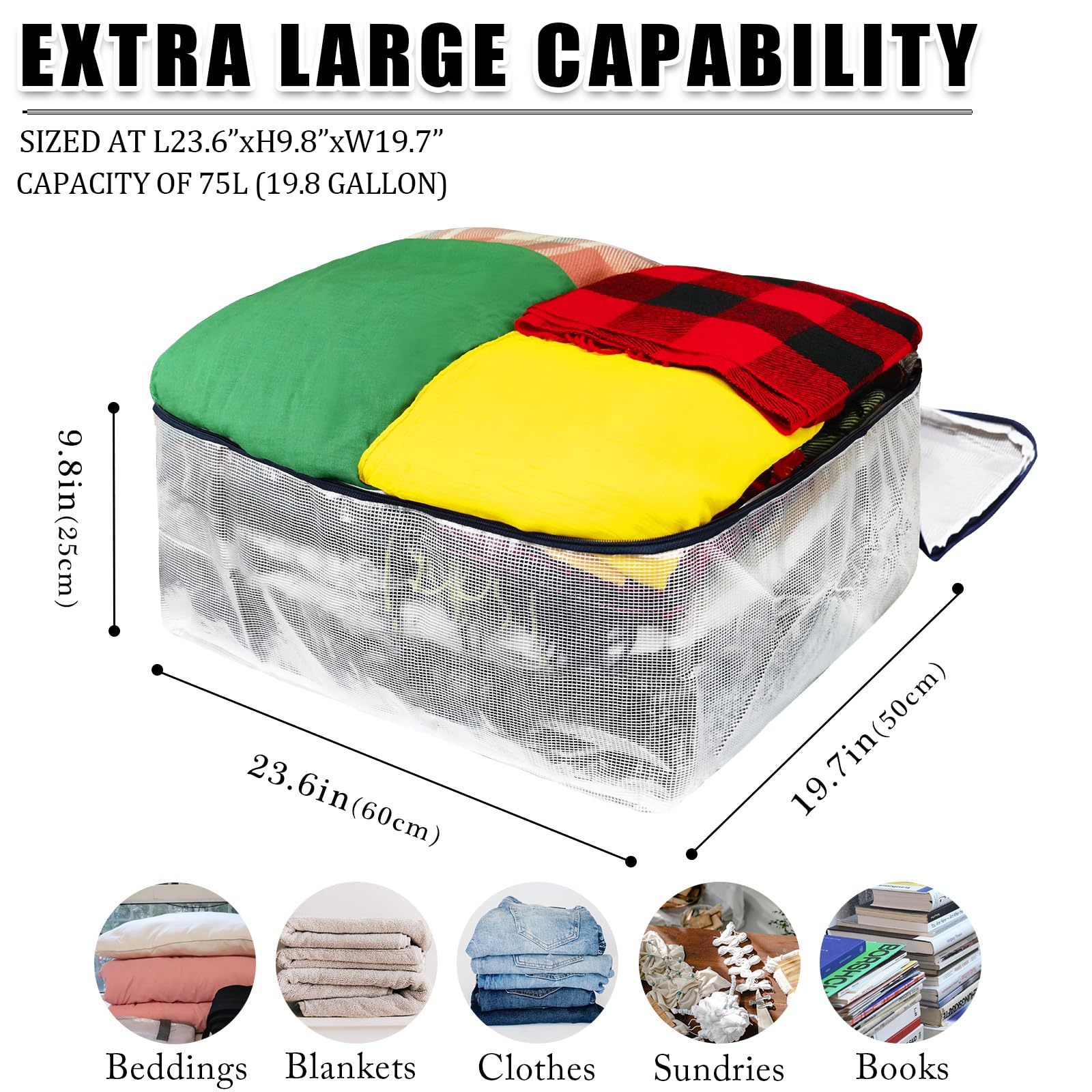 Ineetatu Clear Storage Bags with Zipper, 75L Extra Large Capacity - Closet, Underbed Storage