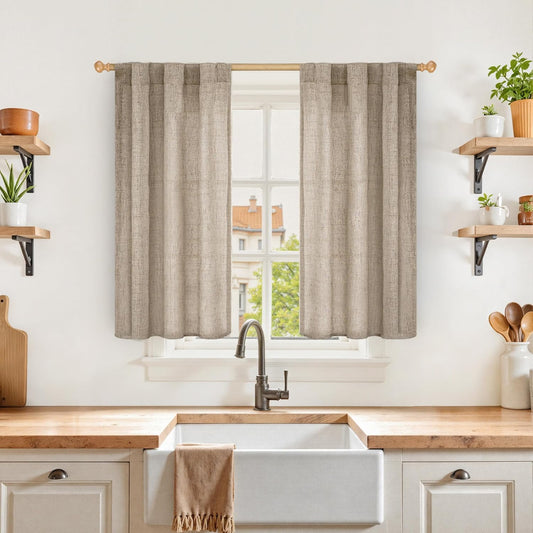 YoungsTex Short Linen Curtains 40 Inch Length for Kitchen Windows Over Sink, Small Drapes with Rod Pocket Back Tab Semi Sheer Light Filtering for Cafe Bathroom, 2 Panels, Oatmeal, 30 X 40 Inch