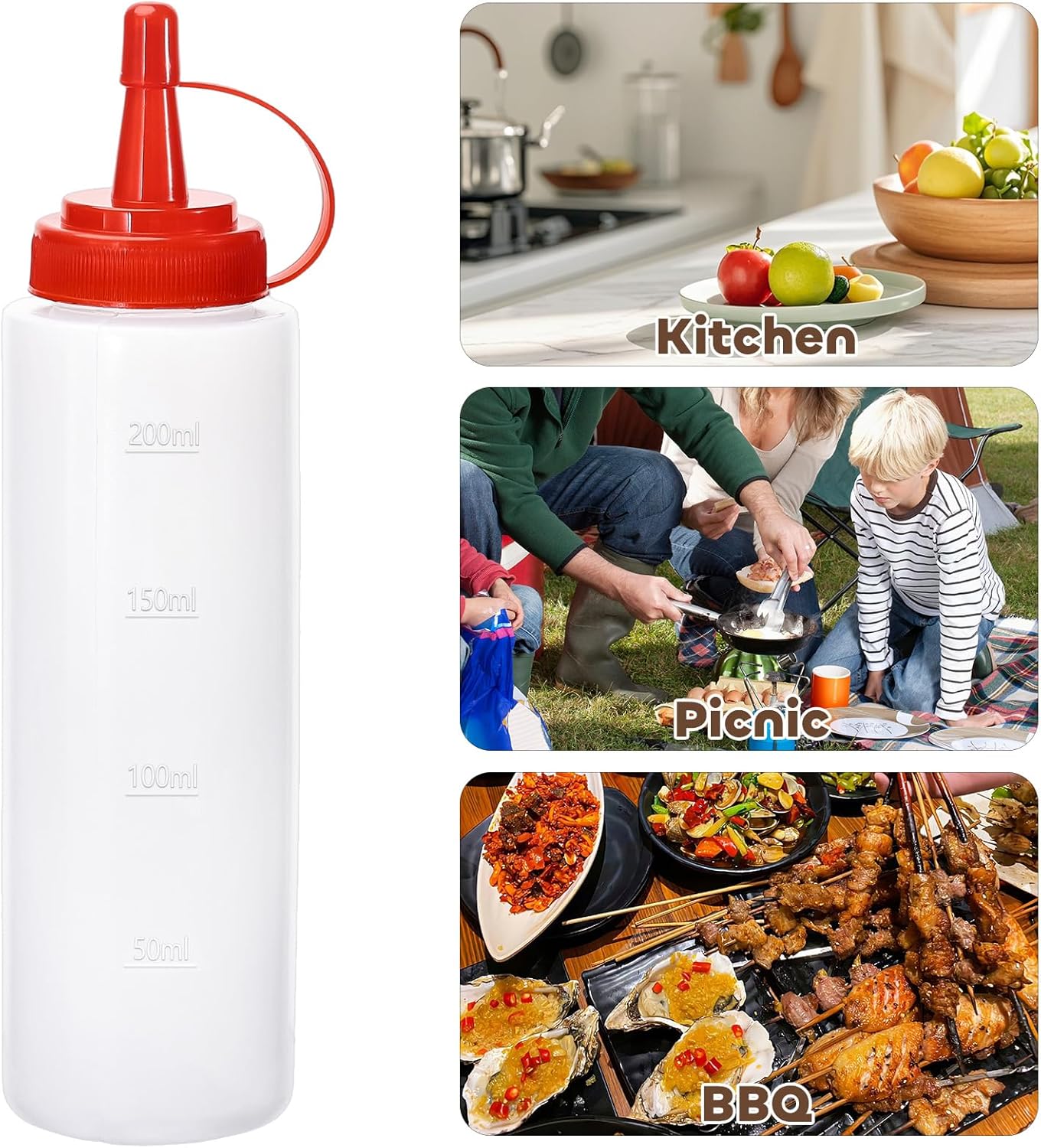 Condiment Squeeze Bottles Ketchup Dispenser, 6 Pack 8oz Squeeze Bottles for Liquids, Plastic Sauce Bottle with Cap Lid, Squirt Bottles for Sauces Liquids BBQ Dressing Pancake Art