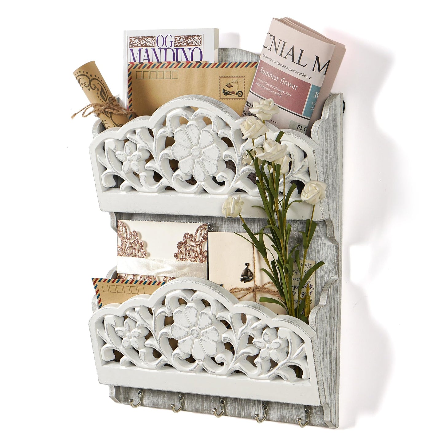 Key and Mail Holder for Wall, 2-Slot Mail Organizer Wall Mount 5 Key Hooks