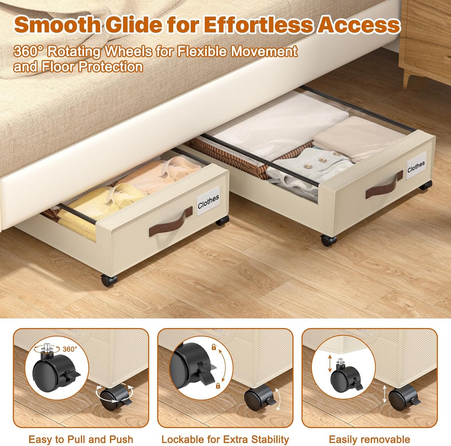 Under Bed Storage with Wheels, 4 Pack Under Bed Storage Containers with Clear Lids, XXL 60L Under-Bed Organizers for Clothes, Shoes – Durable Storage Bins with Smooth Rolling Wheels (White, 4 Pack)