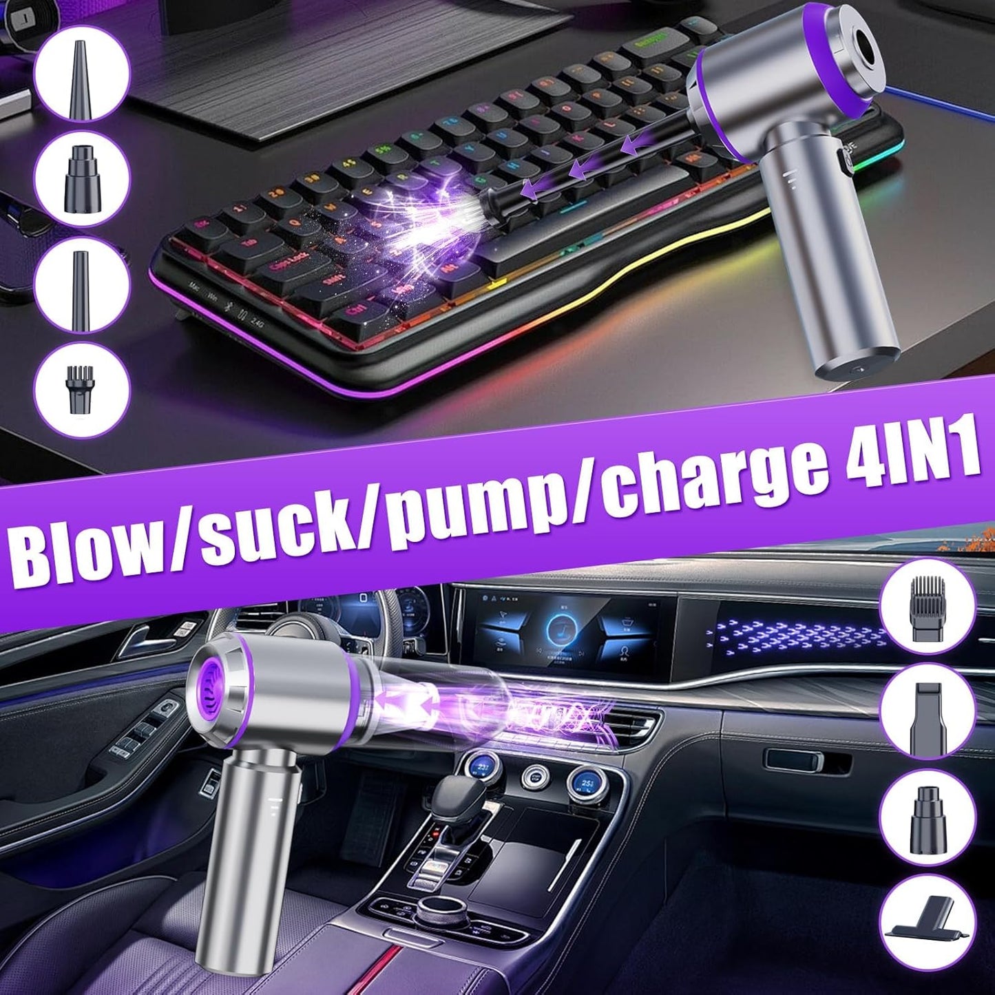 Mini Cordless Handheld Car Vacuum Cleaner/Air Duster/Blower/Hand Pump, 21000 PA High Power Brushless Motor, Portable Keyboard Vacuum Cleaner with Multi-Nozzles for Home, Office, Computer(Purple)