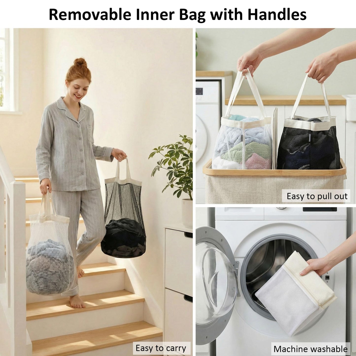 efluky Laundry Hamper with Lid, Double Laundry Basket with 2 Removable Bags, 2 Section Laundry Bin