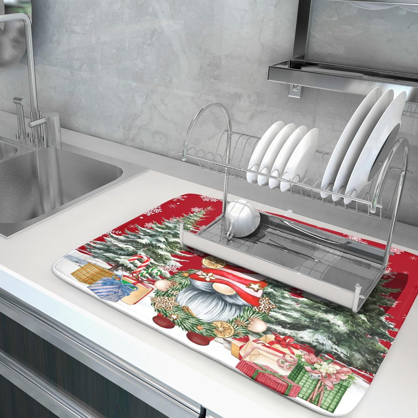 Christmas Dish Drying Mat for Kitchen Counter, Merry Christmas Dish Drying Mat 18 x 24 Inch Xmas Gnomes Absorbent Reversible Microfiber Dish Drying Pad Kitchen Drying Mat for Coffee Bar