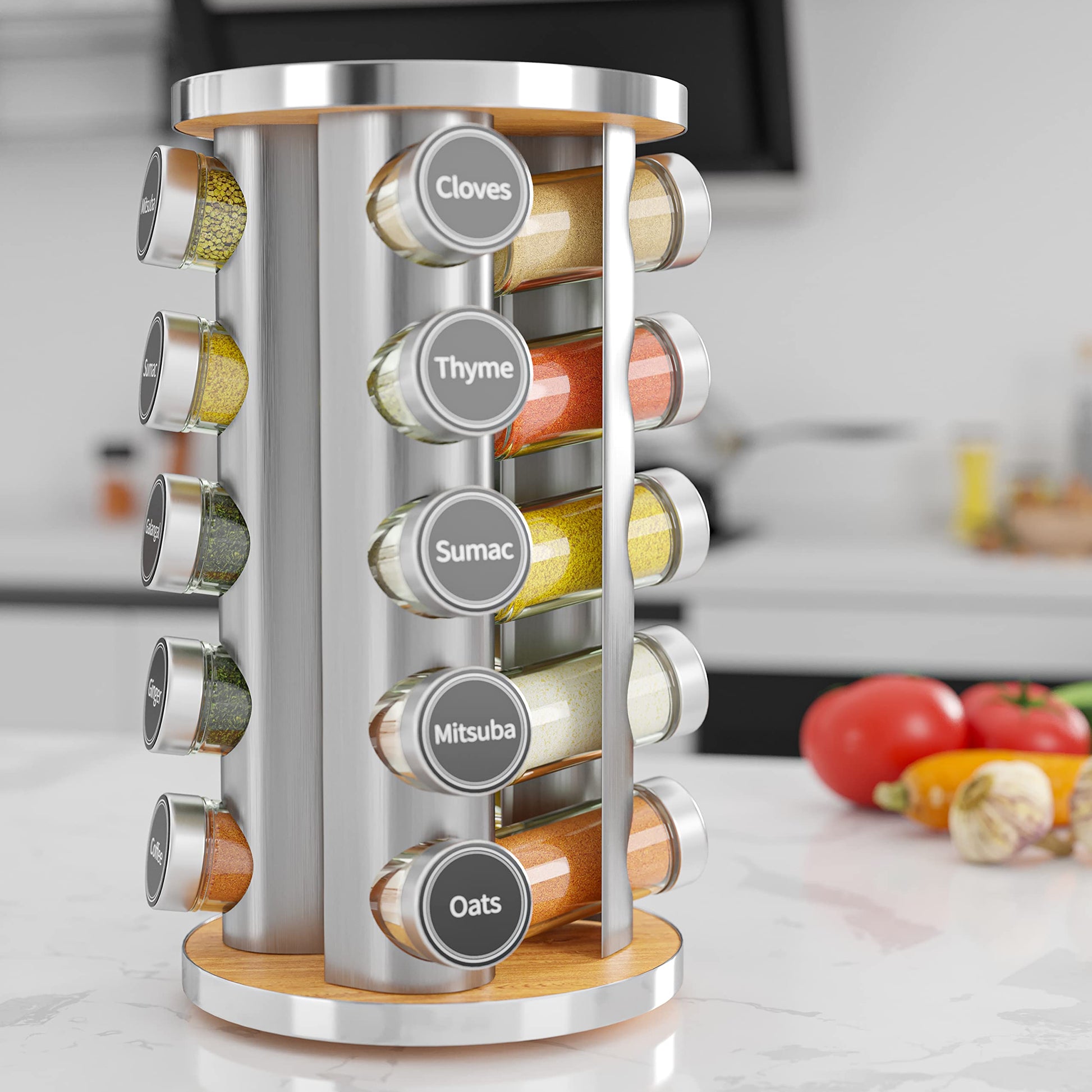 Revolving Spice Rack Set with 20 Spice Jars, Kitchen Spice Tower Organizer for Countertop or