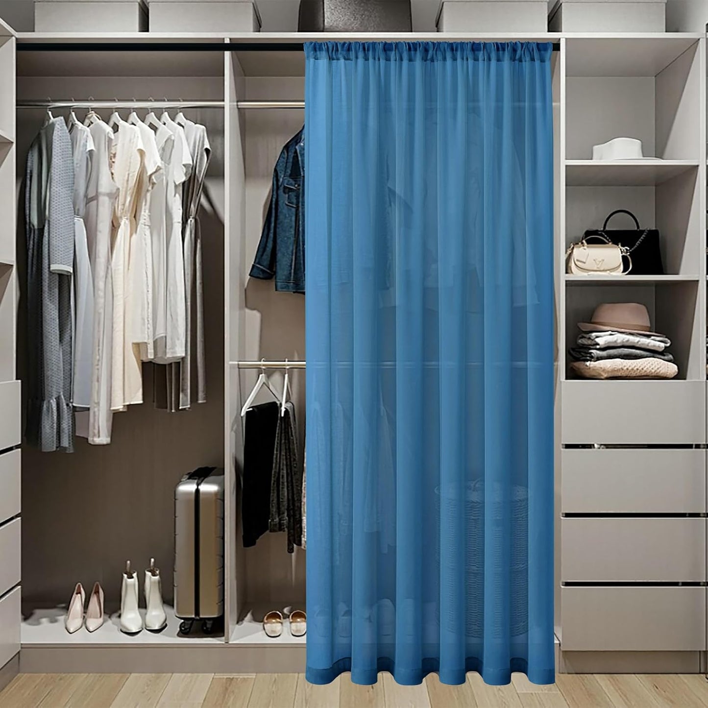 Tollpiz Sheer Door Curtains Closet Linen Textured Curtains Sheer Doorway Light Filtering Voile Rod French Door Pocket Curtain Patio Glass Door, 25 x 72 inches Long, Classic Blue, Set of 1 Panel