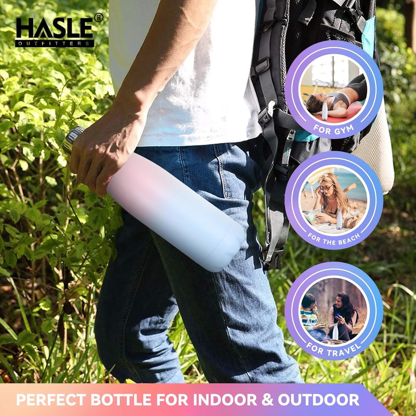 HASLE OUTFITTERS 17oz Stainless Steel Water Bottles, Vacuum Insulated Water Bottles Double Walled Powder Coated Reusable Metal Sports Water Bottles Keep Drinks Hot and Cold, Pink Blue, 1Pack