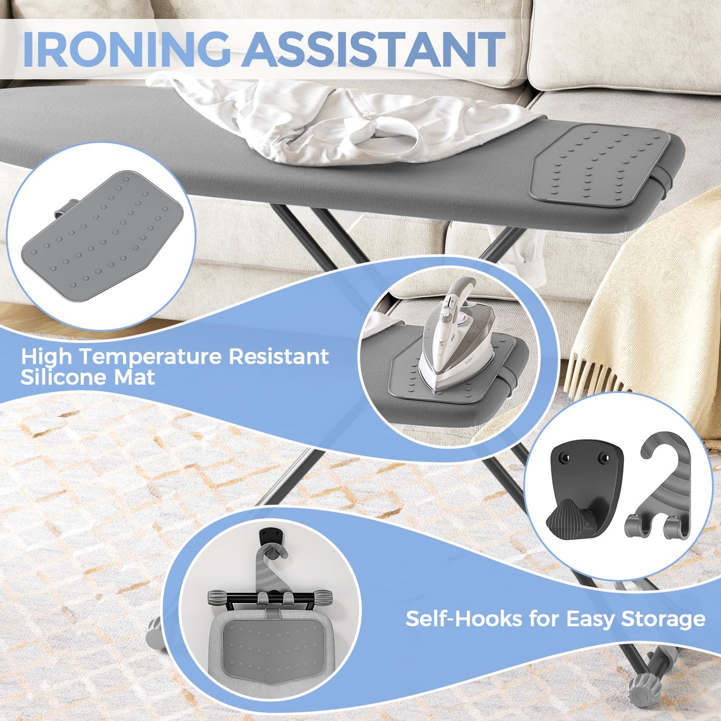 APEXCHASER Foldable Compact Heigh Adjustable Ironing Board with Silicone