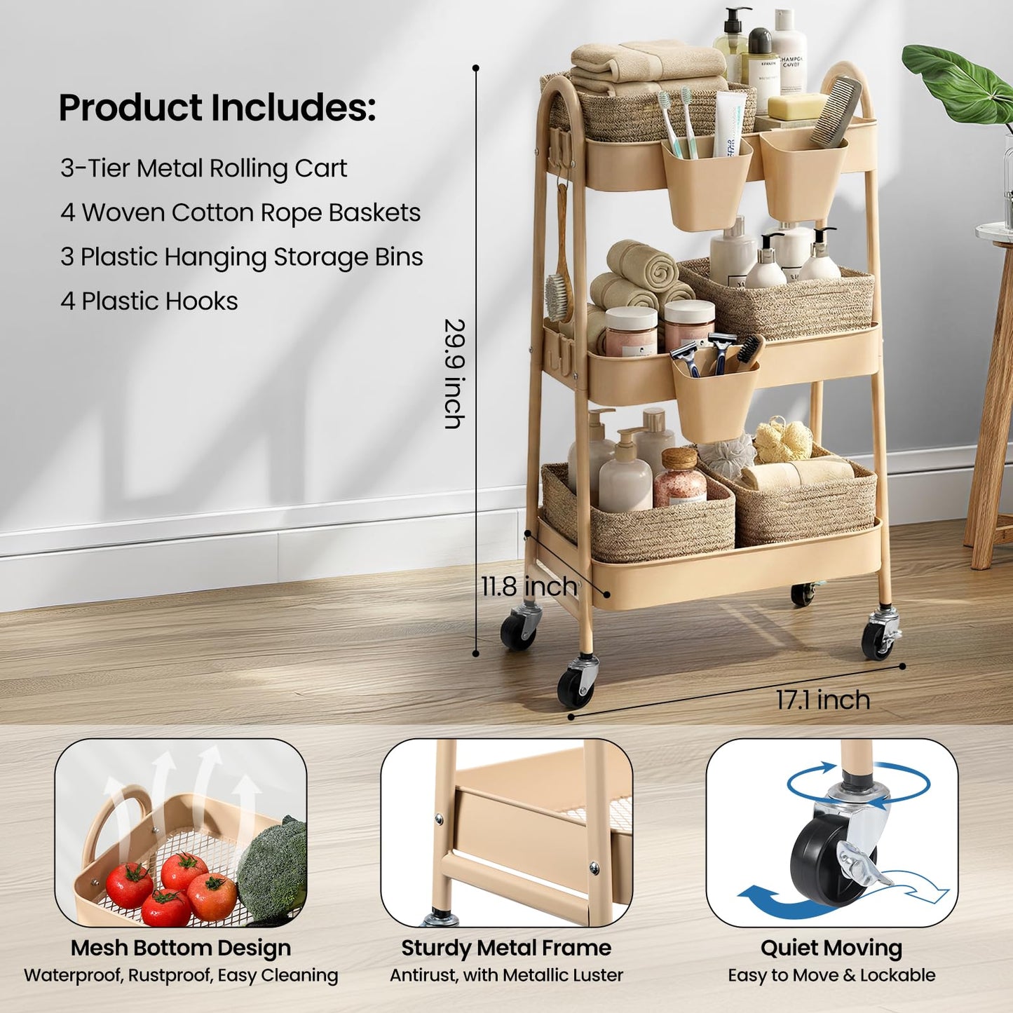 3-Tier Rolling Utility Cart with 4 Woven Baskets, Diaper Book Snack Cart, Storage Organizer for