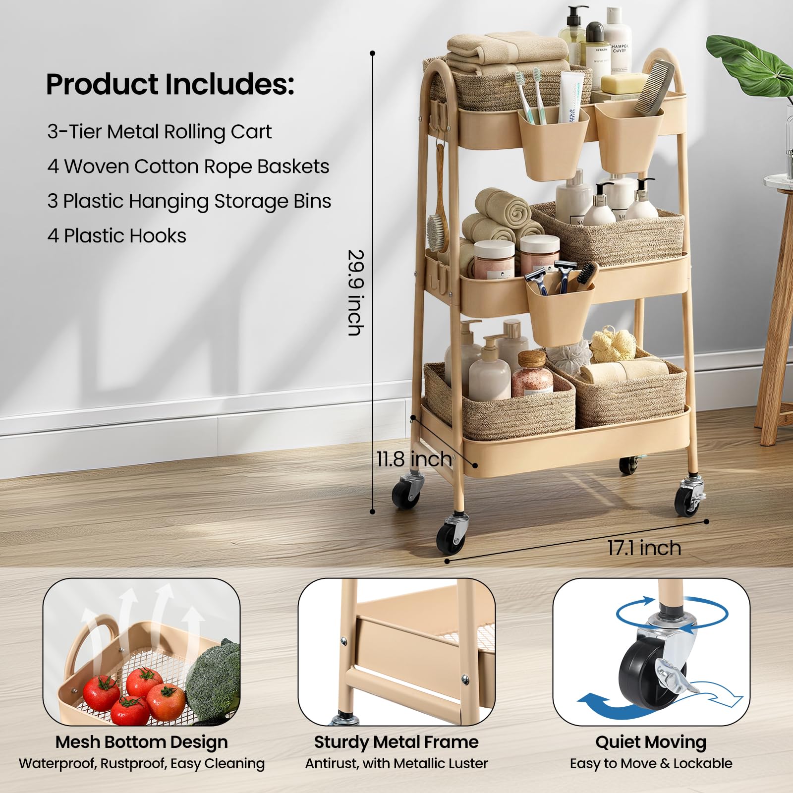 3-Tier Rolling Utility Cart with 4 Woven Baskets, Diaper Book Snack Cart, Storage Organizer for