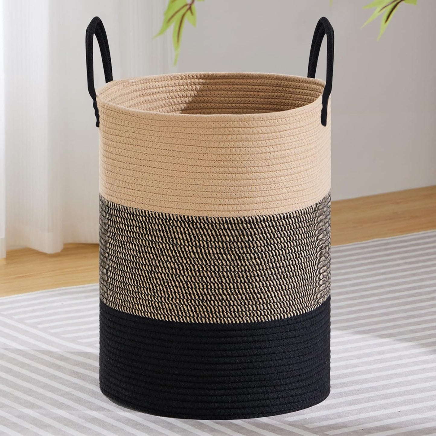 VIPOSCO Large Laundry Hamper, Tall Woven Rope Storage Basket for Blanket, Toys, Dirty Clothes in Living Room, Bathroom, Bedroom - 100L Brown & Black