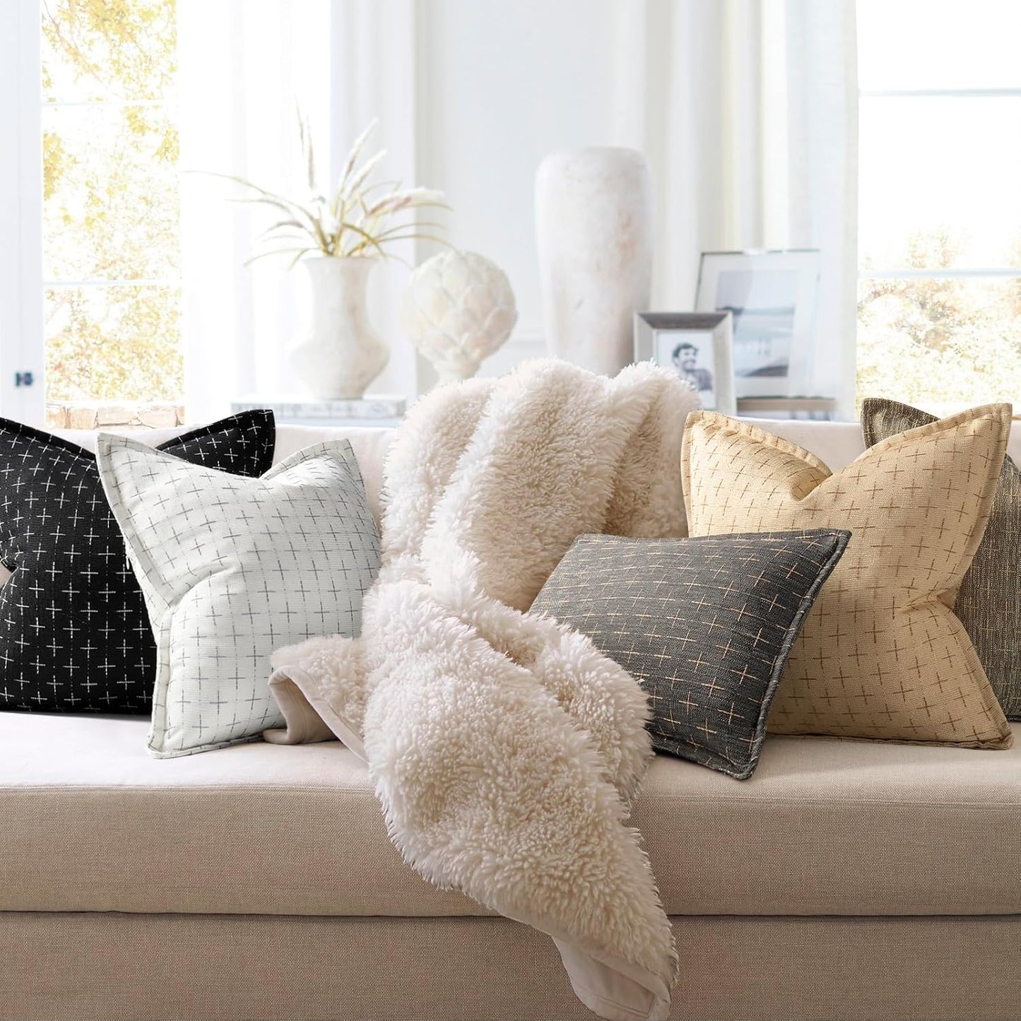 ZWJD Pillow Covers 18x18 Set of 2 Soft Polyester Textured Pillow Covers with Stylish Flange Edge Cozy Farmhouse Throw Pillows for Couch Bed Sofa Living Room