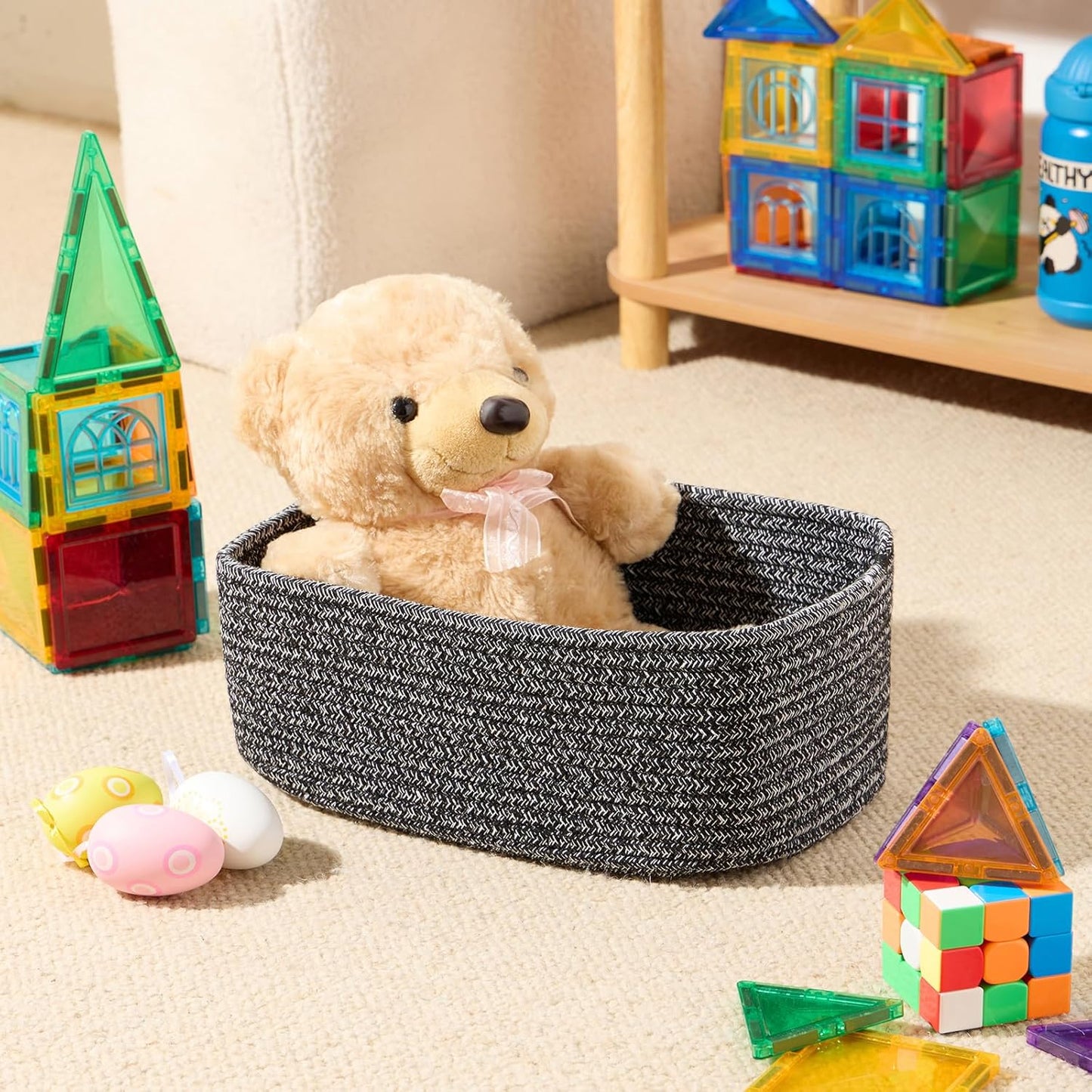 Small Storage Baskets for Organizing | Closet Organizer Bins | Shelf Toy Basket | Woven Rope Baskets | Cube Decorative Box | Shallow Basket | 11.5x7.5x4.7” | 4 Packs Dark Gray