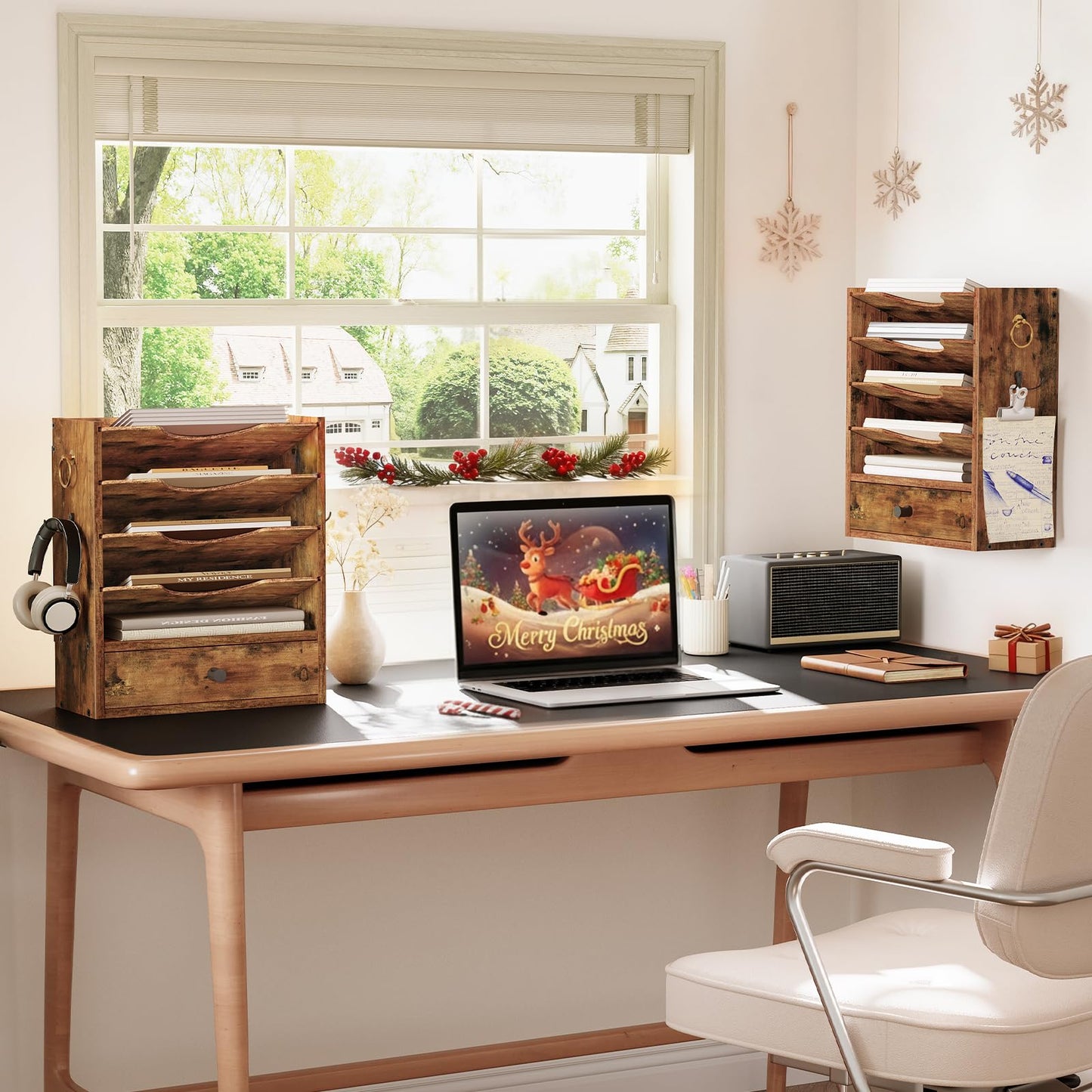 HOOBRO Wall File Organizer, Mail Organizer Wall Mounted, Wooden Literature Organizer, Construction