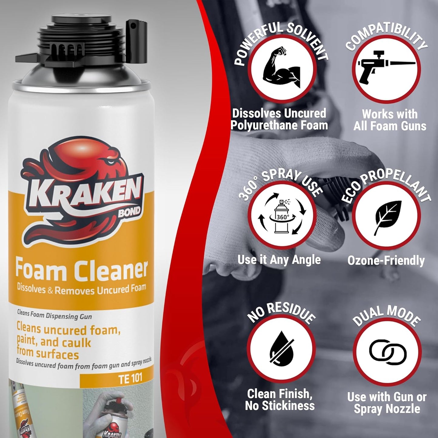 Kraken Bond Spray Foam Gun Cleaner - (12x12.3oz) Polyurethane Insulation Cleaner Spray, Dissolves Uncured Expanding Foam Cleaner Spray for Extended Tool Durability - 12 Pack