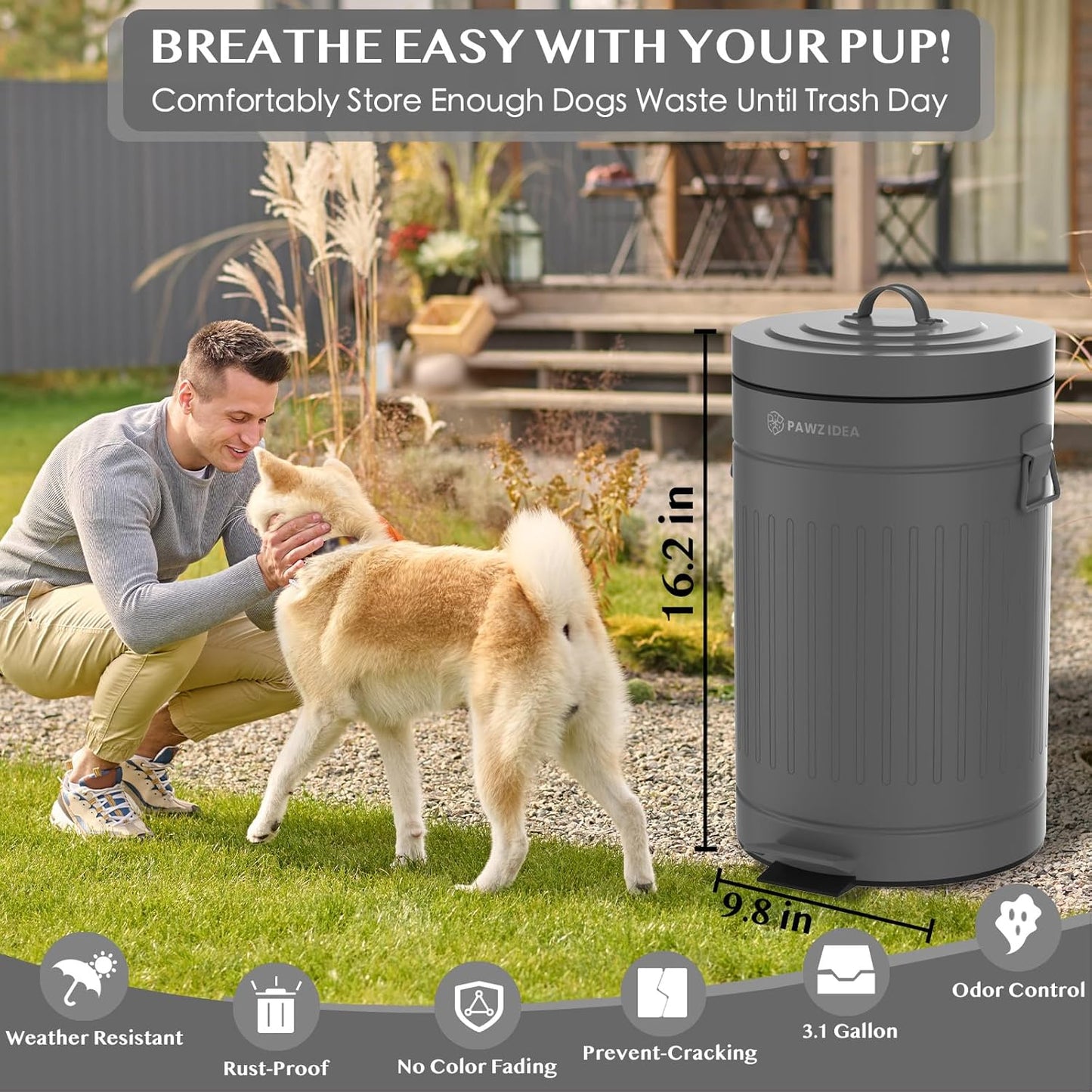 PAWZIDEA Dog Poop Trash Can Outside Odor Control, 3.1Gallon Large Pet Poop Can Outdoor with Lid No Smell, Waterproof Pet Waste Trash Can, Dog Waste Station Step Garbage Can Bin Container Backyard,Grey