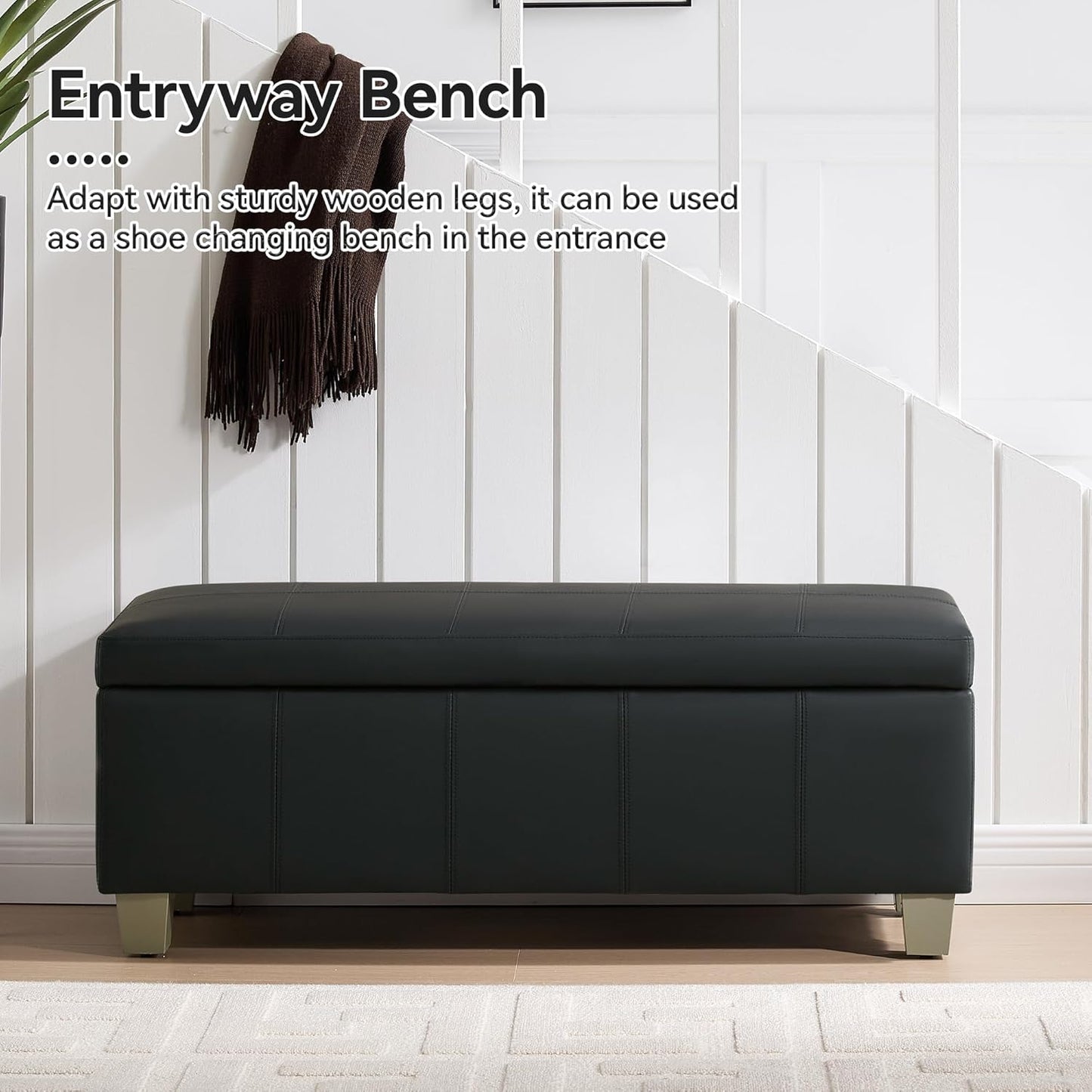 41" Faux Leather Storage Ottoman, Stitch Tufted Rectangle Upholstered End of Bed Storage Bench, Entryway Large Couch Ottoman with Wooden Legs, Dark Black