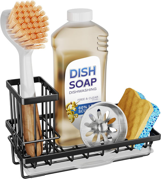 SWTYMIKI Sink Caddy Sponge Holder - Kitchen Sink Organizer with High Brush Holder for Countertop to Hold Dish Soaps and Sponges, Stainless Steel, Black