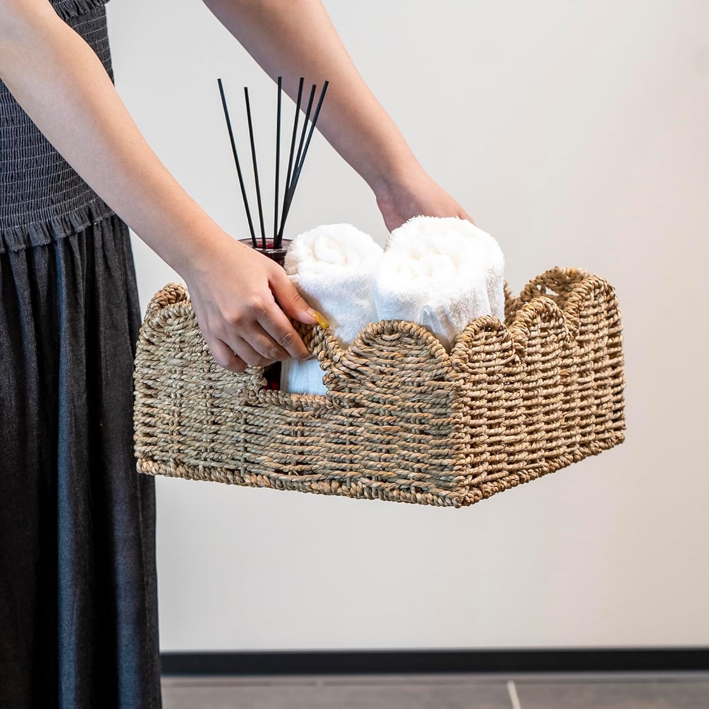 Scalloped Basket 2 Pack Wicker & Rattan Storage with Built-in Handles, Decorative Woven Seagrass Basket for Nursery & Bathroom Organization