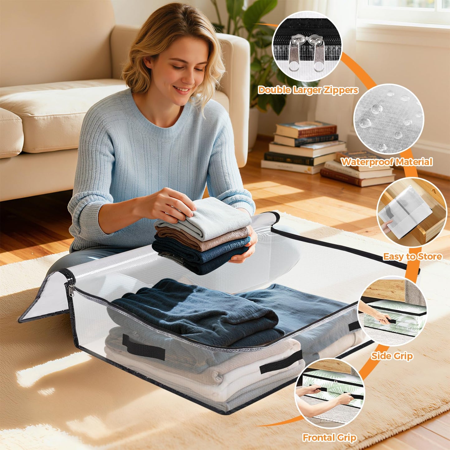 6 Pack Under Bed Storage Bags, 60L Foldable Clear Containers with Handles