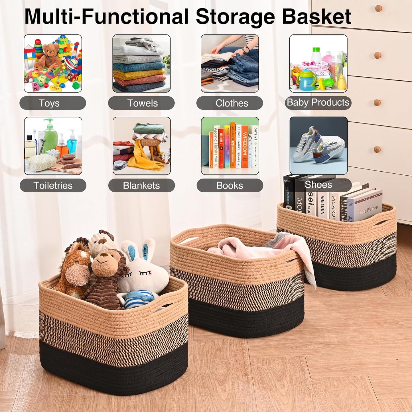 Storage Baskets for Organizing Shelves, Decorative Baskets for Storage, Woven Cotton Rope Basket for Living Room Bedroom Nursery, 15"x11"x9.5", 3 Packs, Gradient Black & Jute
