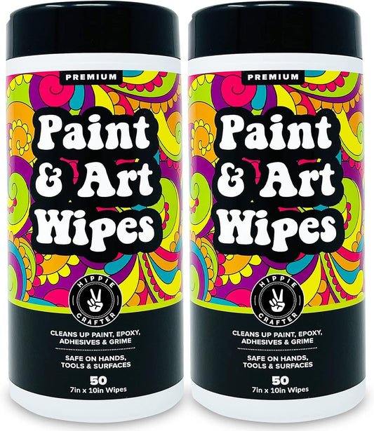 Paint and Art Wipes, Heavy-Duty Cleaner for Paint, Epoxy, Glue, Latex & Acrylic Stains, 2 Pack (50 Wipes Each), Safe for Hands, Brushes, Plastic, Metal, Wood & Floors
