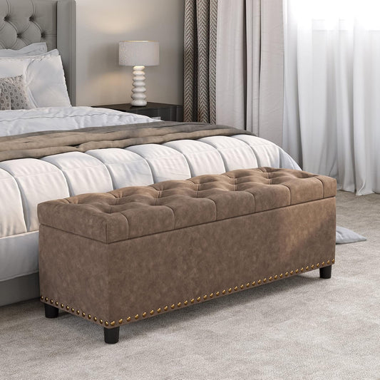 BELLEZE 47" Storage Ottoman, Storage Bench with Safety Close Hinge, Faux Leather Button-Tufted