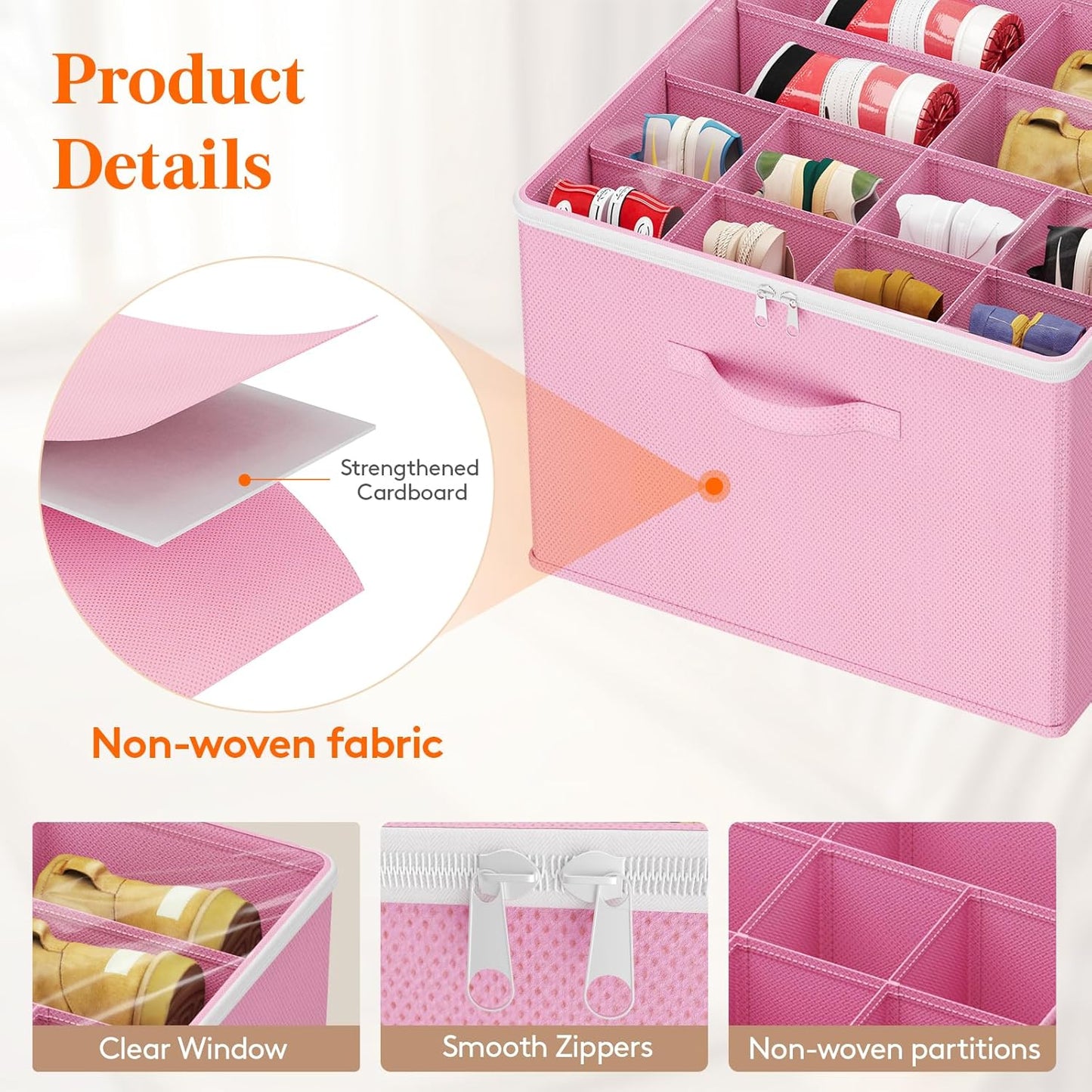 Lifewit Shoe Storage Organizer for Closet Fits 12-16 Pairs, Fabric Large Shoe Box Storage Containers with Clear Cover, Foldable Bins Fit for Boots Heels Sneakers 17"(L) x 17"(W) x 12.5"(H) 3 Pack Pink