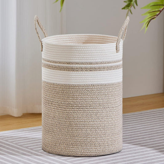 VIPOSCO Large Laundry Hamper, Tall Woven Rope Storage Basket for Blanket, Toys, Dirty Clothes in Living Room, Bathroom, Bedroom - 72L Brown & White