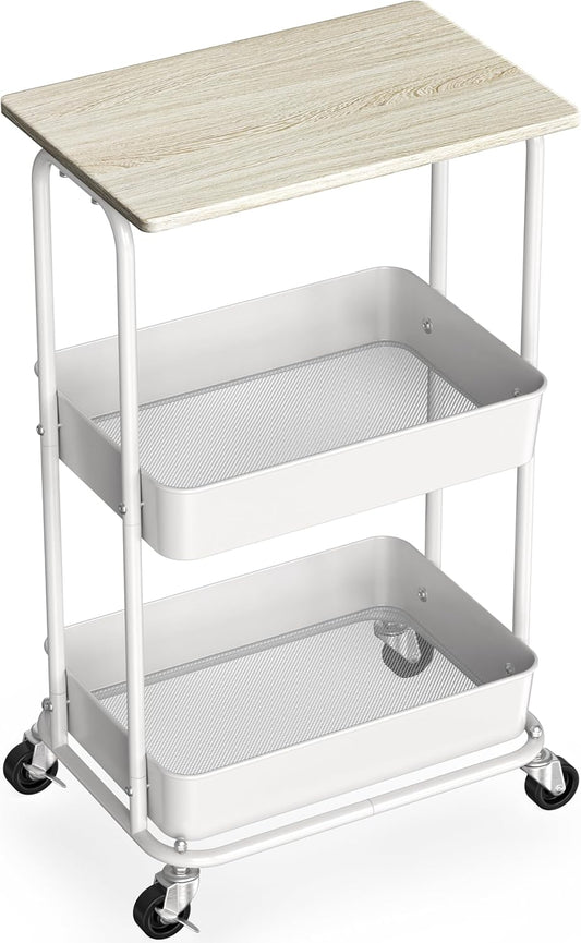 Simple Houseware 2-Tier Rolling Utility Cart with Lockable Wheels and Wood Top, Metal Storage Organizer Trolley for Kitchen, Bathroom, Office, Craft Room, Maple