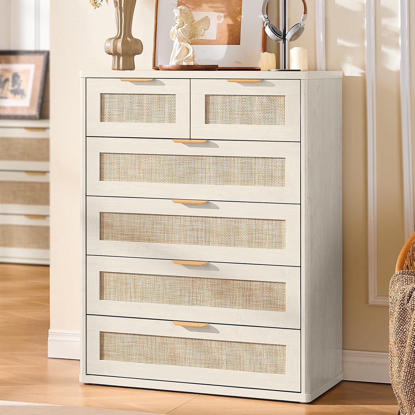 LEYAOYAO White Dresser for Bedroom Set of 2, 42" Tall Chest of Drawers, Modern 6 Drawers Boho Rattan Dressers with Storage, Dresser Wooden Closet Organizer for Living Room, Hallway