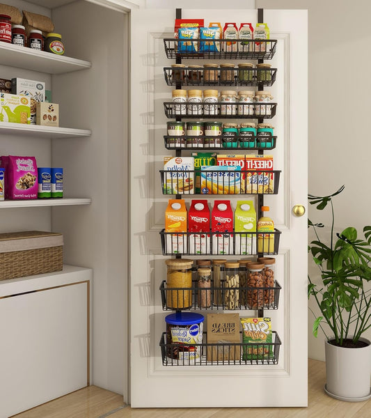 Over The Door Pantry Organizer, Pantry Organization and Storage, 8-Tier Deep Baskets Hanging Heavy-Duty Metal, Wall Spice Rack Seasoning Shelves for Home & Kitchen, Laundry Room Bathroom, Black