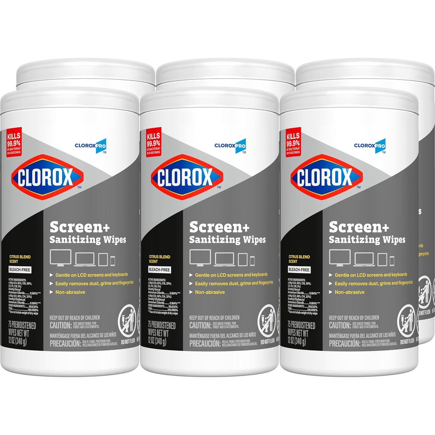 CloroxPro Clorox Screen+ Sanitizing Wipes, Bleach Free Cleaning Wipes, Citrus Blend Scent, 75 Count, Pack of 6