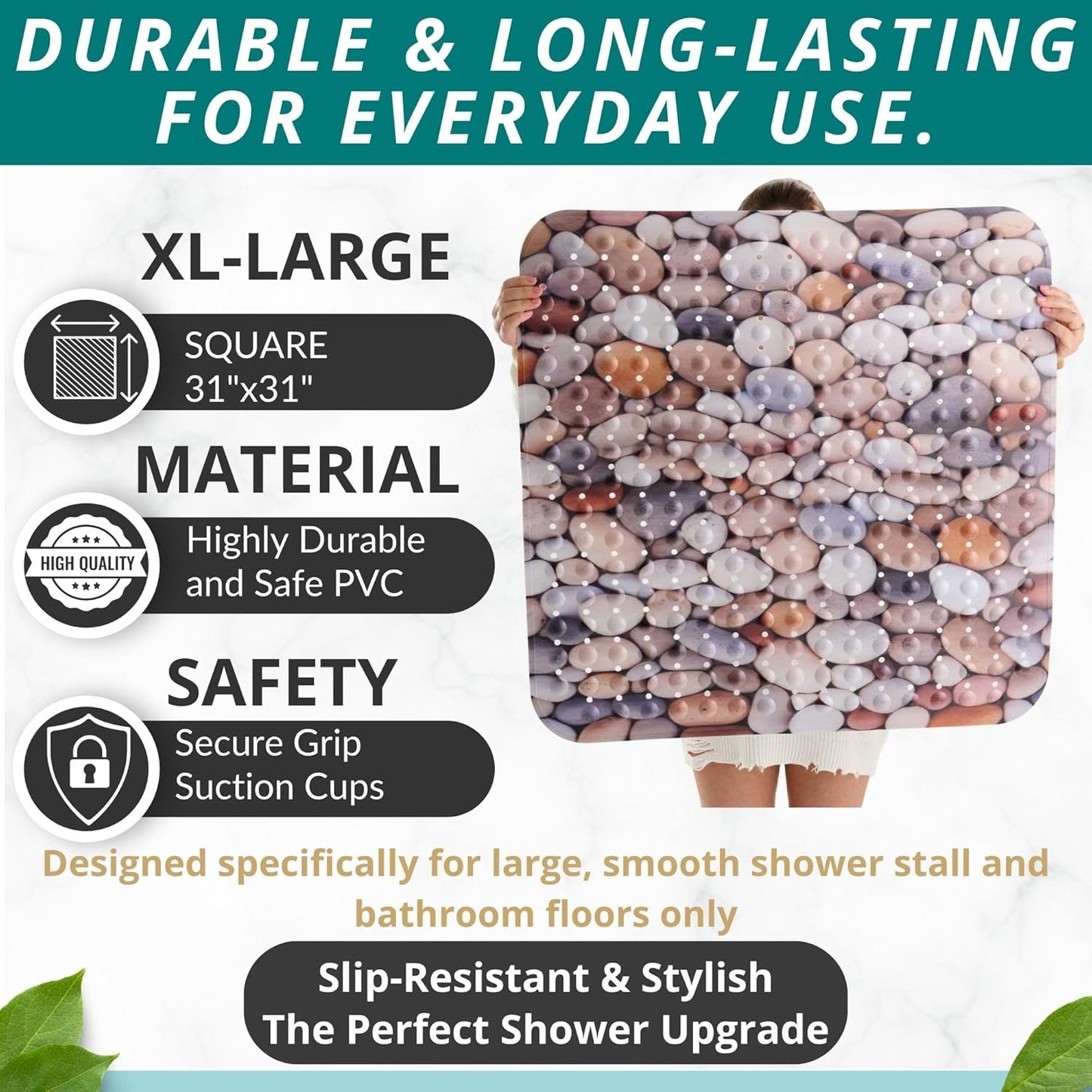 ENKOSI Extra Large Square Non Slip Shower Mat - 31 x 31-inch XL Bathroom Shower Mat - Square Shower Mats for Shower Stall Floors | Secure Suction Cups and Drain Holes (31x31 Pebble Stone)