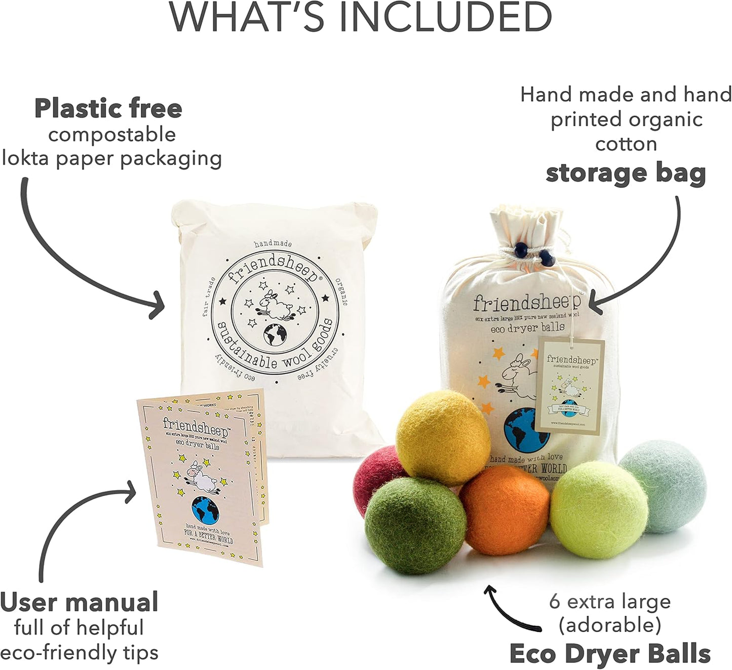 Friendsheep Wool Dryer Balls 6 Pack XL Organic Premium Reusable Cruelty Free Handmade Fair Trade No Lint Fabric Softener - Harvest Moon