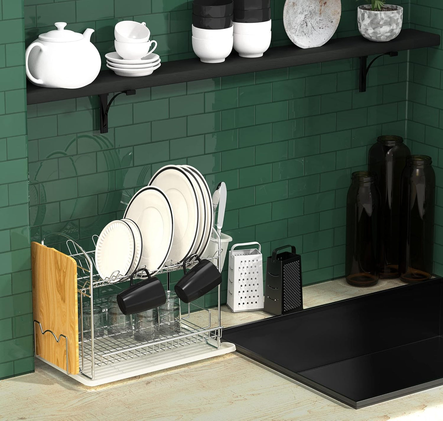 Simple Houseware 2-Tier Stainless Steel Dish Rack with Drainboard, Chrome for Kitchen