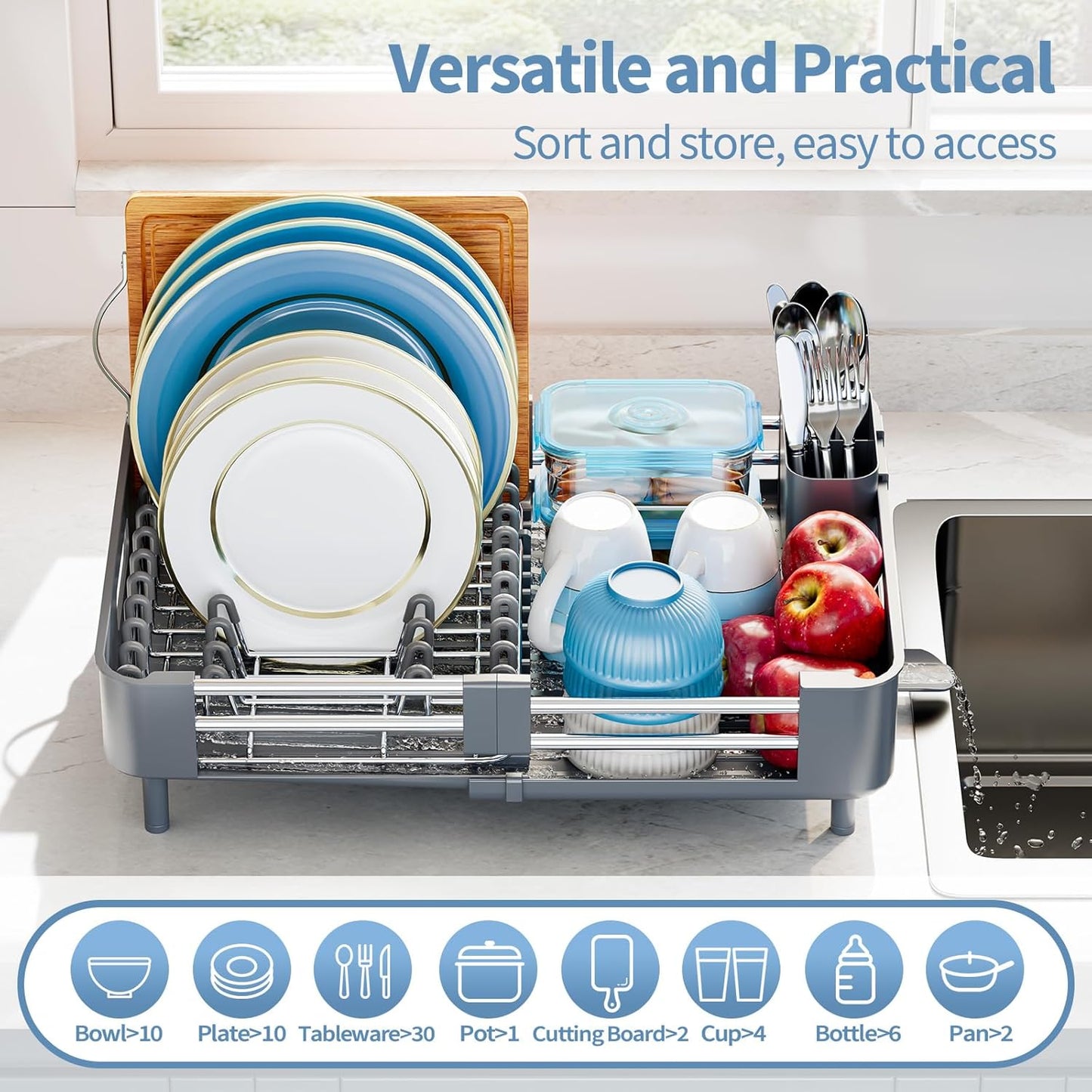 Dish Racks for Kitchen Counter, Dish Drying Rack - Stainless Steel Dish Drainer, Sink Drying Rack with Cutlery Holder, Dishes Organiser and Storage Rack, Gray