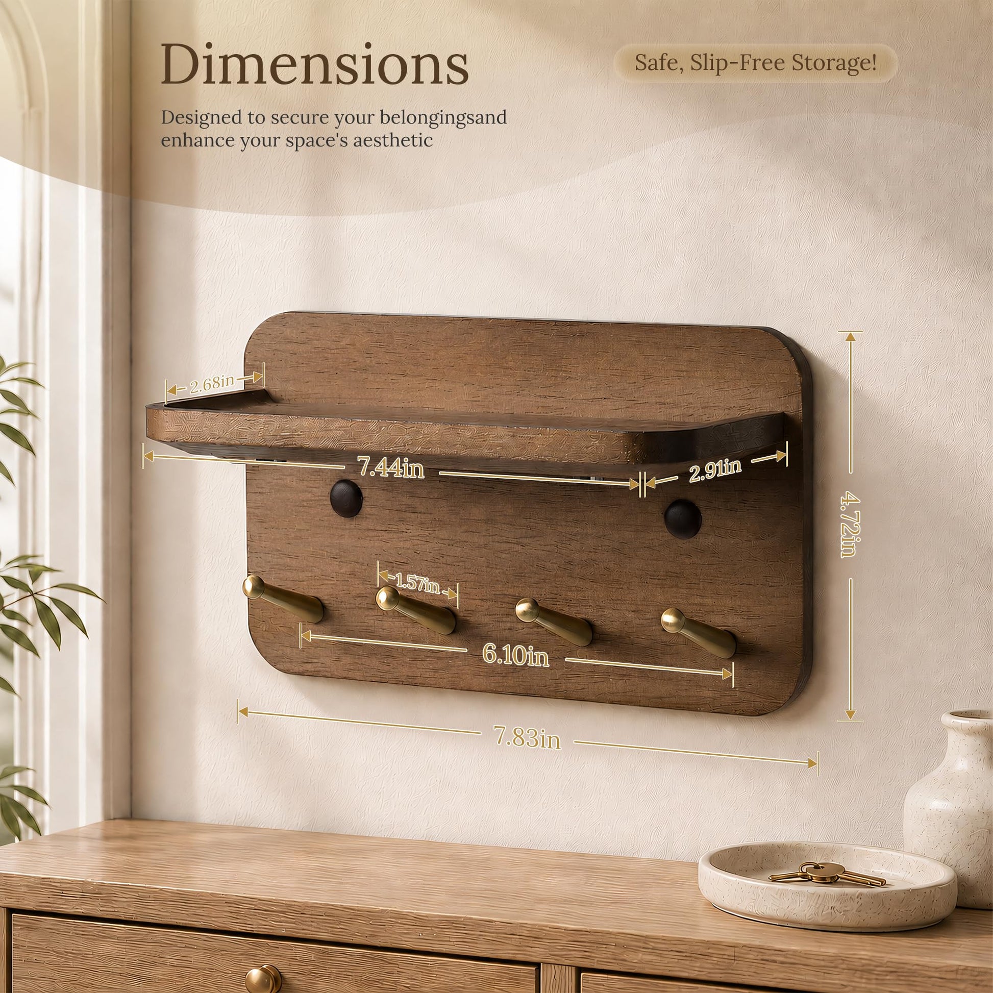 LEIRUOTM Key Holder Wall Mount, Solid Wood Key Holder for Wall with 4 Brass Hooks & Hidden Magnets