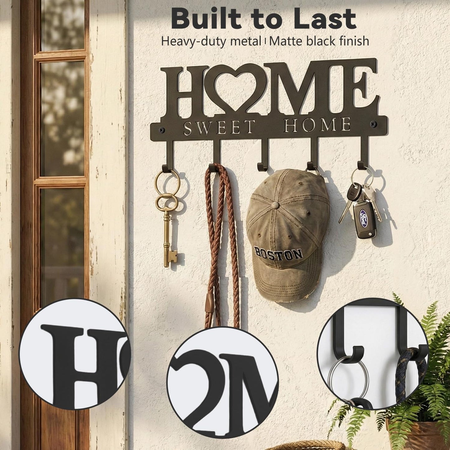 WIPHANY Entryway Wall Key Holder with 5 Hooks, Metal Key Rack Wall Mount for Keys, Bags and