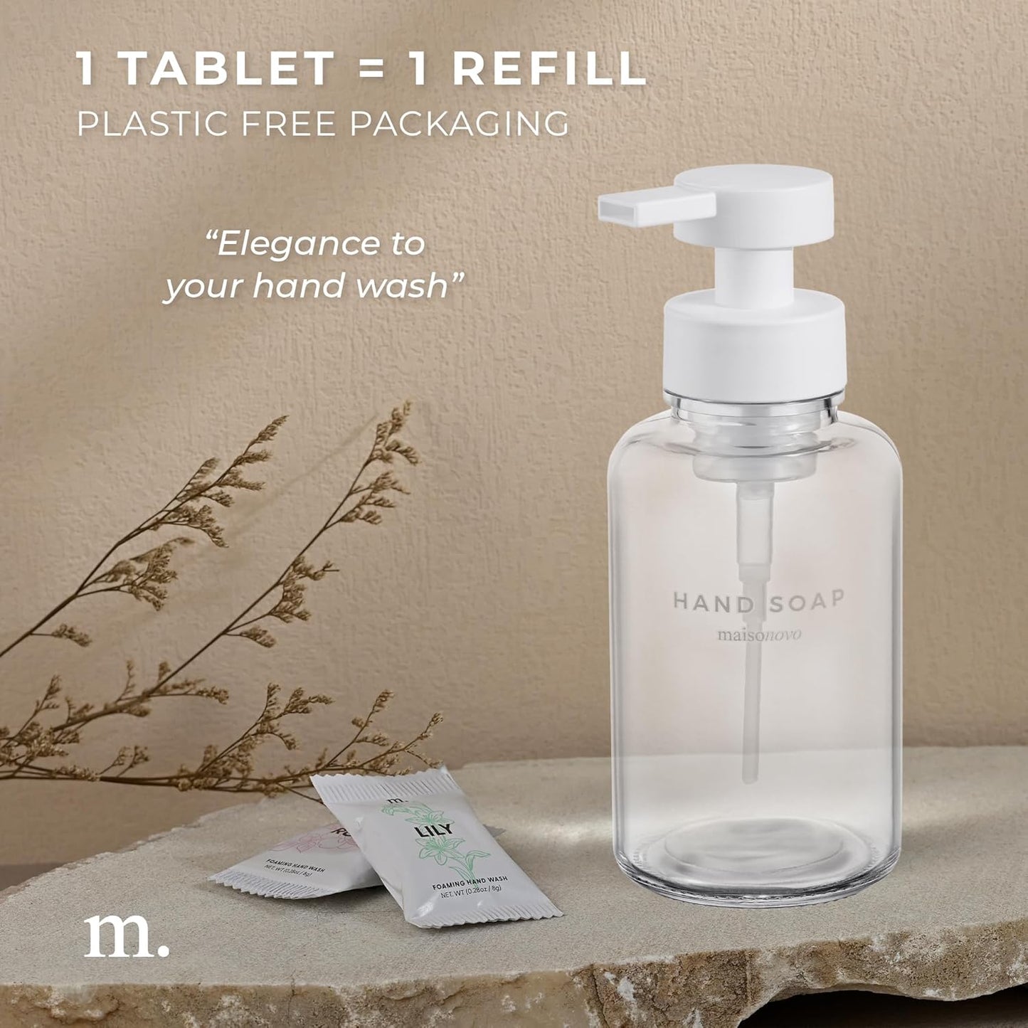 MaisoNovo 14 oz Clear Glass Foaming Soap Dispenser with White Pump + Mixed 4 Pack Foaming Hand Soap Refill Tablets