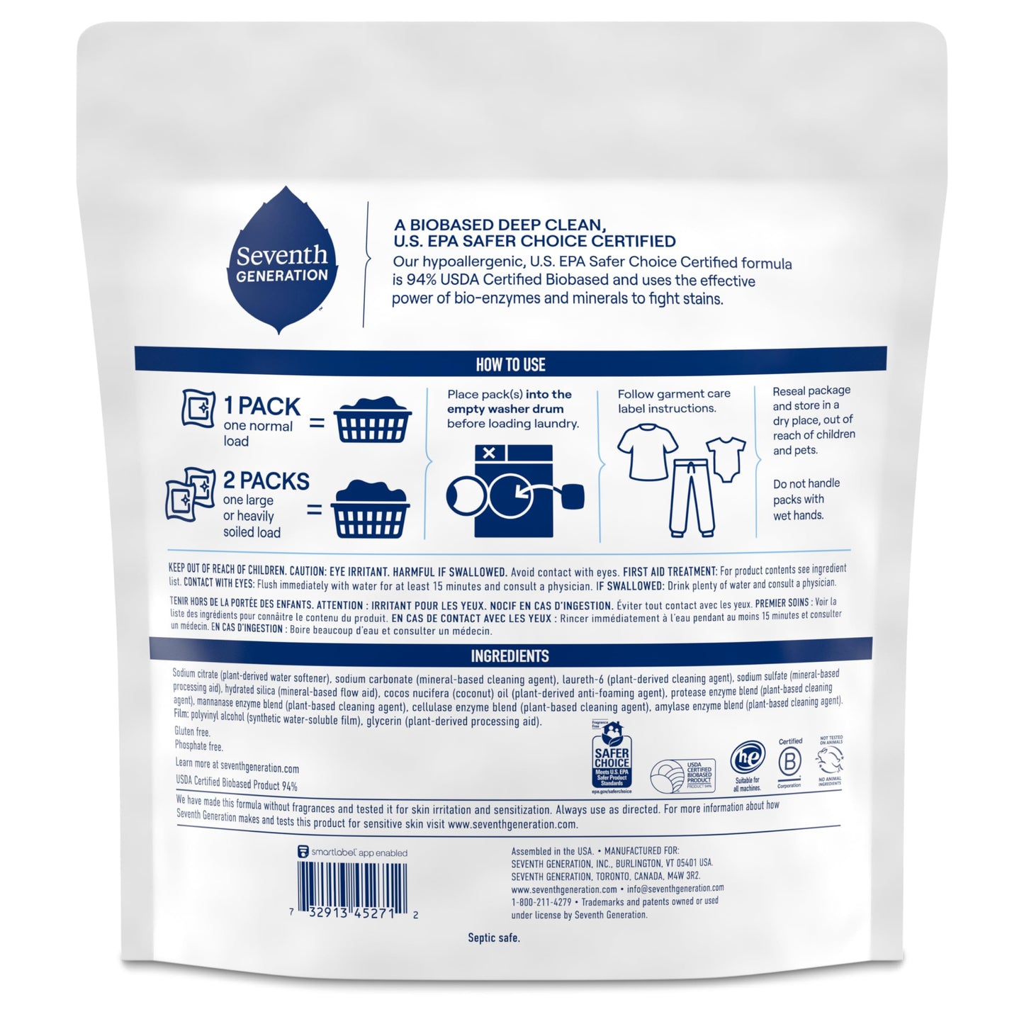 Seventh Generation Laundry Detergent Packs, Free & Clear, Made for Sensitive Skin, EPA Safer Choice